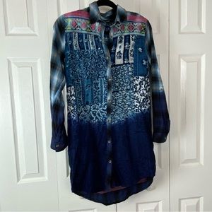 Tolani Tina Turq Plaid Tunic button shirt dress patchwork, embroidered, dip dye